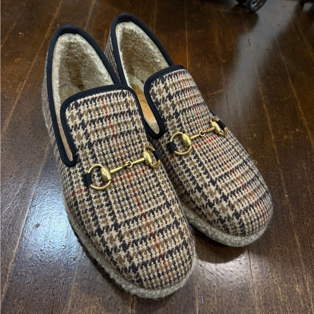 Men's Houndstooth Loafers with Gold Detailing